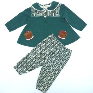 Vintage Cradle Togs Green Teddy Bear Outfit Set Size 12M
